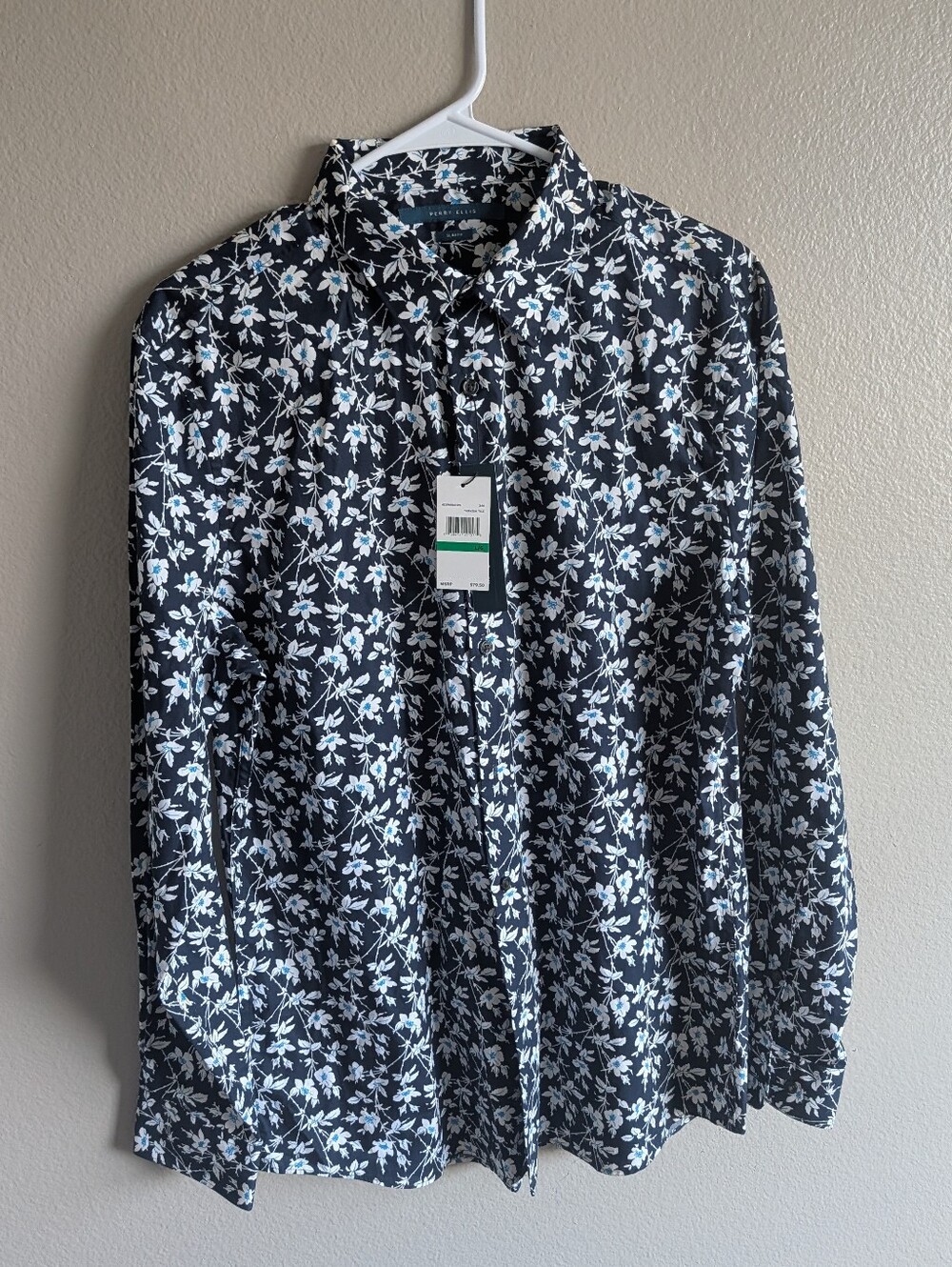 Perry Ellis Slim Fit Navy Floral Shirt NWT Long Sleeve Turkish Tile Men's Large